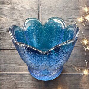 VIKING glass CHARCOAL BLUE Pebble Texture Votive Cup Small Bowl With Sticker VTG